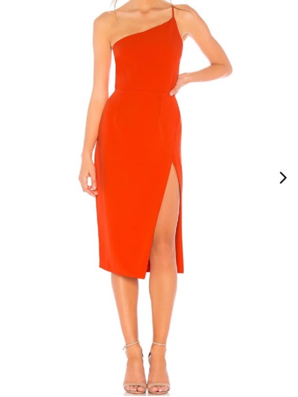 LOVERS + FRIENDS Bold Orange-Red One-Shoulder Midi Dress with High Slit